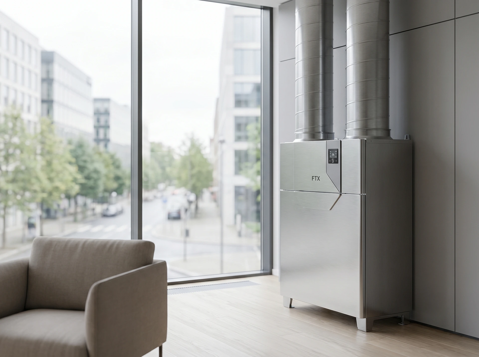 FTX-ventilationsaggregat i rostfritt stål placerat i modernt kontorsrum.