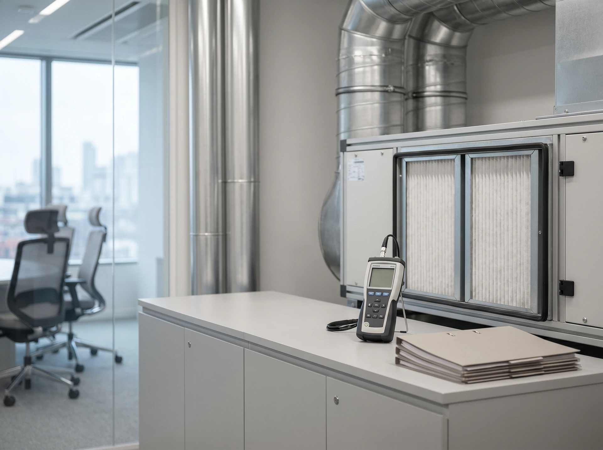 Handhållet mätinstrument framför ventilationsfilter och luftkanaler i kontorsmiljö.