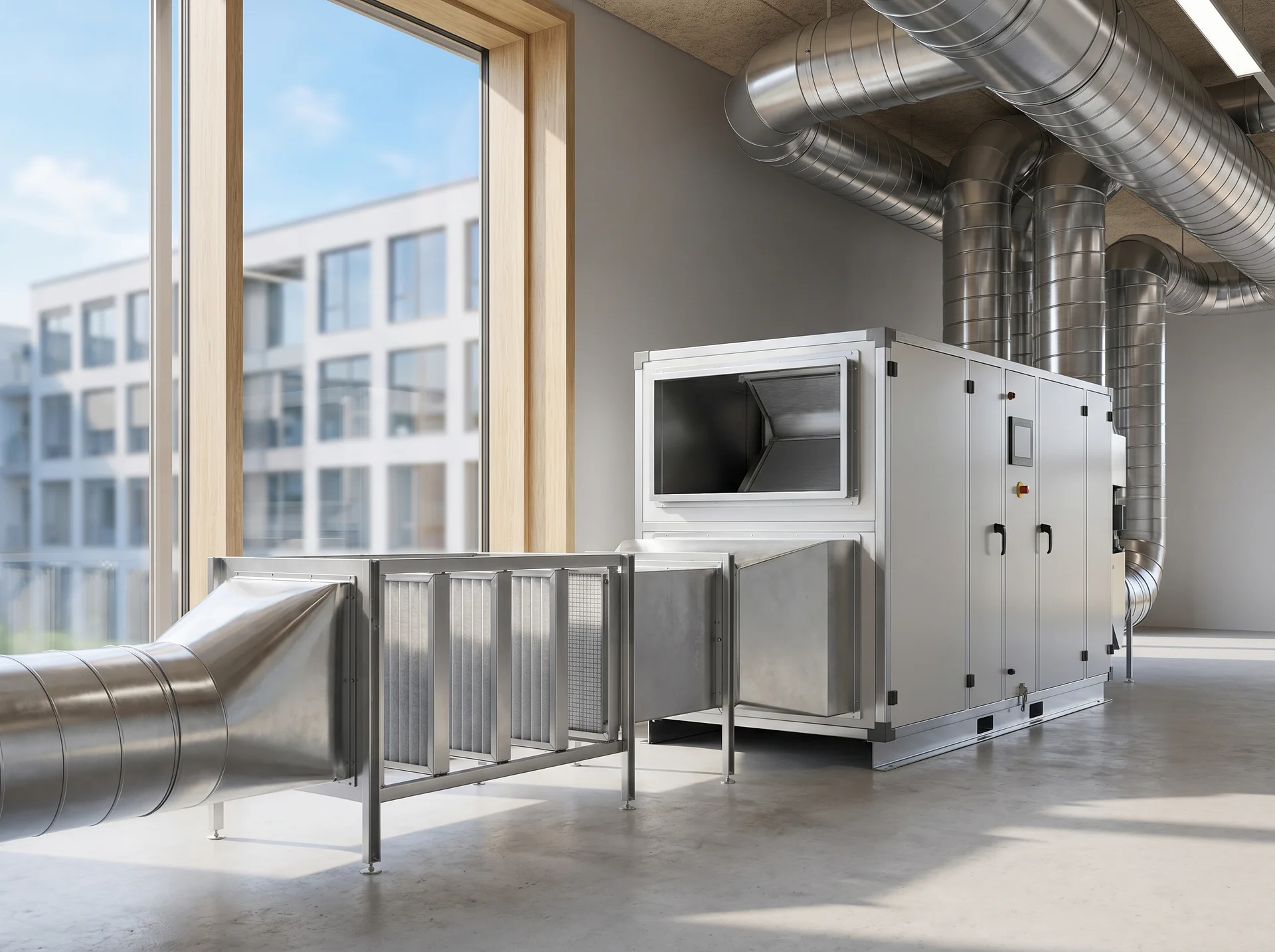 Industriellt ventilationsaggregat med metallkanaler i modernt kontorsrum.