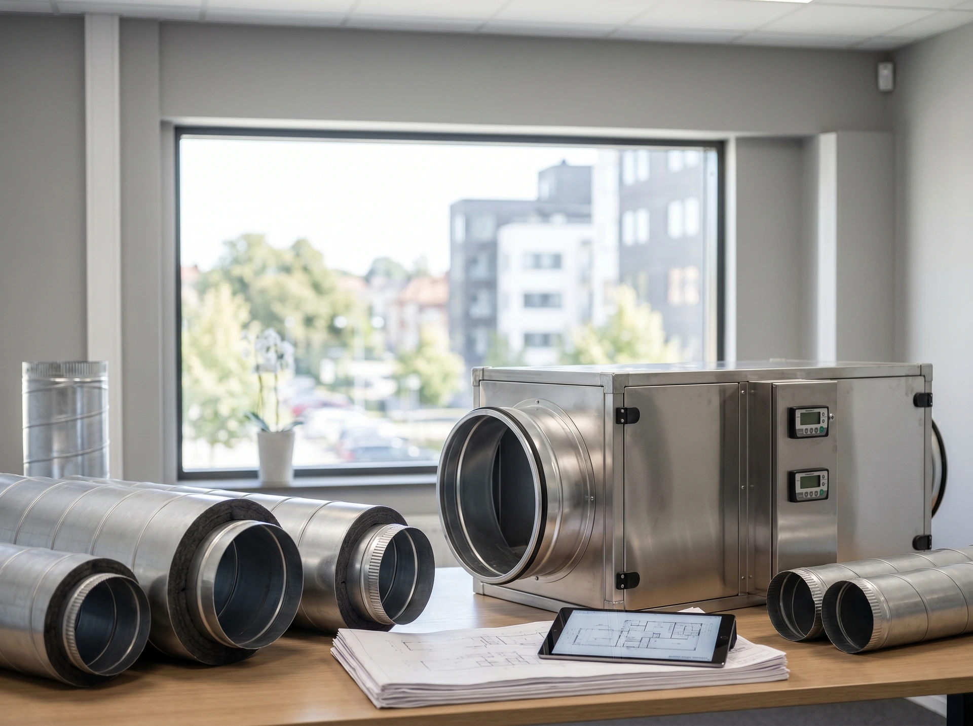 Ventilationsaggregat och runda metallkanaler på ett skrivbord med ritningar.