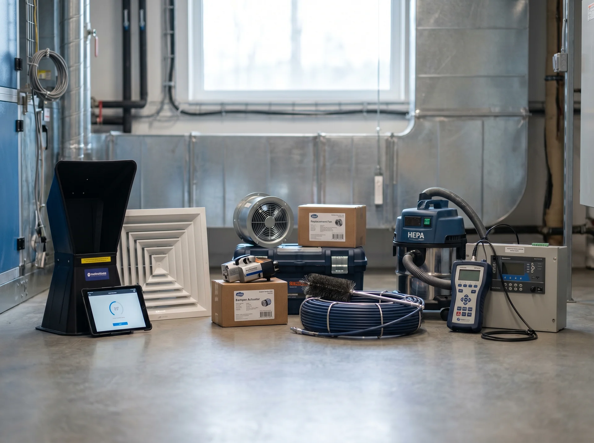 HVAC-verktyg och utrustning uppställda på ett betonggolv i maskinrum.