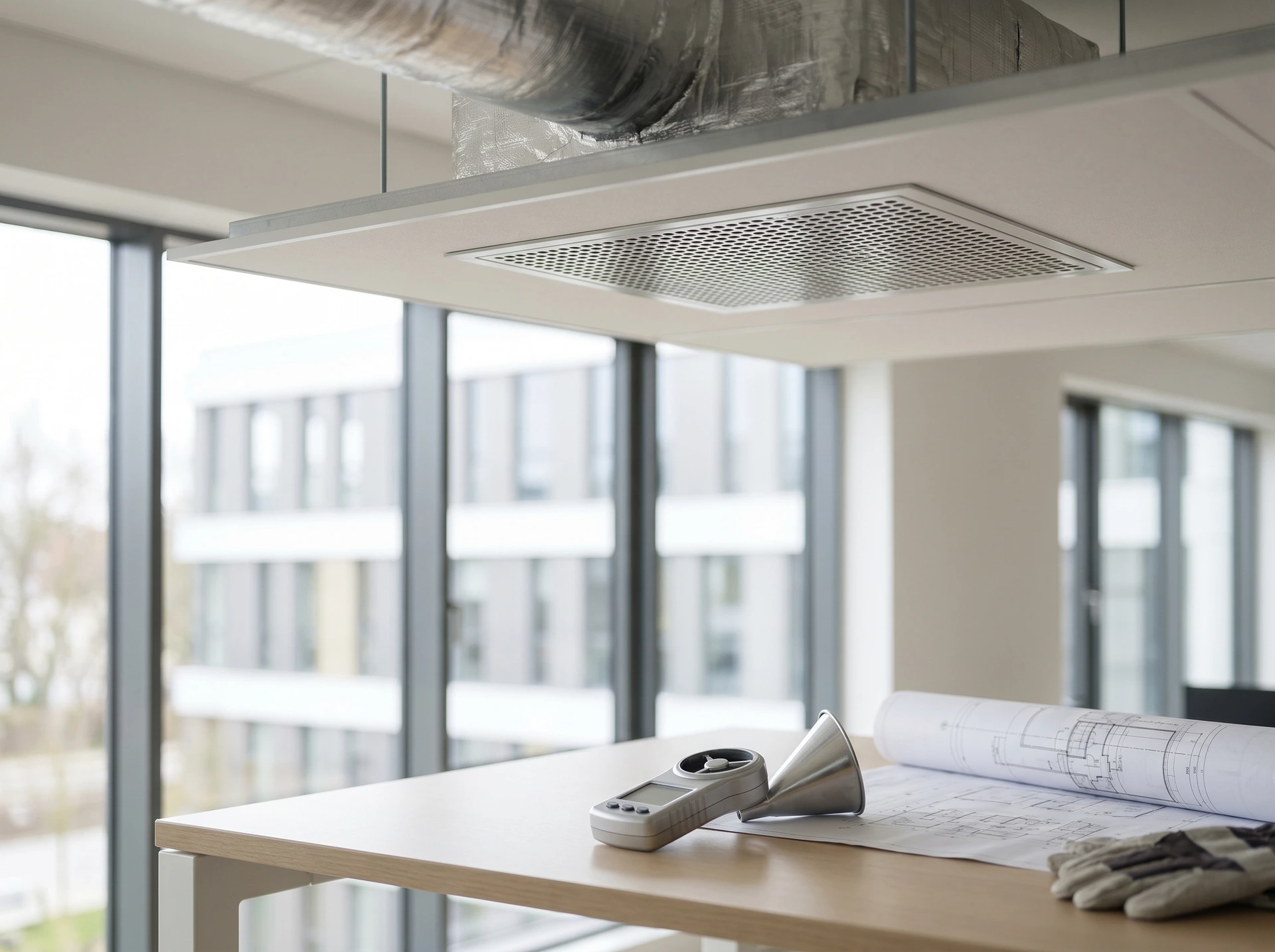 Takmonterad ventilationsenhet med mätinstrument och ritningar på bord.
